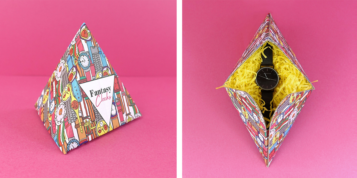 Entre las plantillas de cajas promocionales se encuentran cajas tan originales como esta piramidal, pensada para una firma juvenil de relojería e impresa a todo color sobre soporte de cartón corrugado en blanco. 
